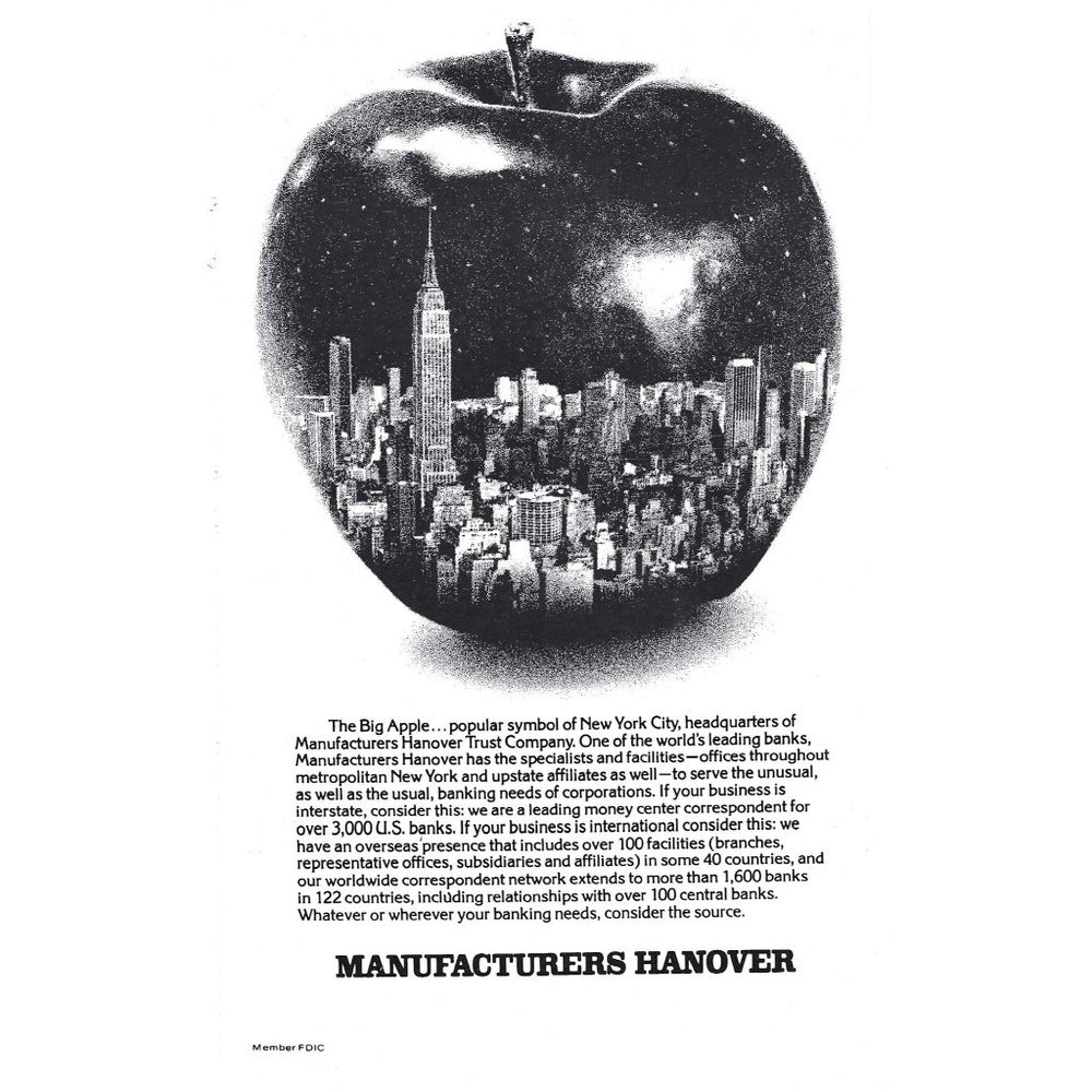 New York City The Big Apple Manufacturers Hanover 1980s Vintage Print Ad 9 inch